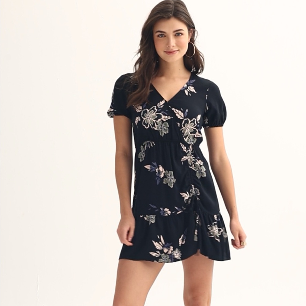 Juniors Size XL NWT SO Asymmetrical cinch side dress black olive floral print
